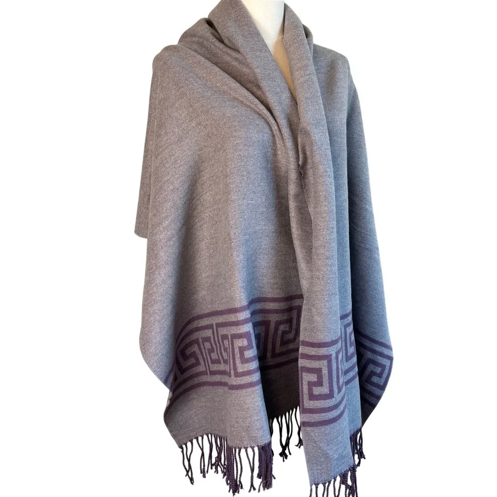 Alpaca Wool Scarf Purple Grey Greek Key Reversible Wrap OS Peru Fringe Shawl